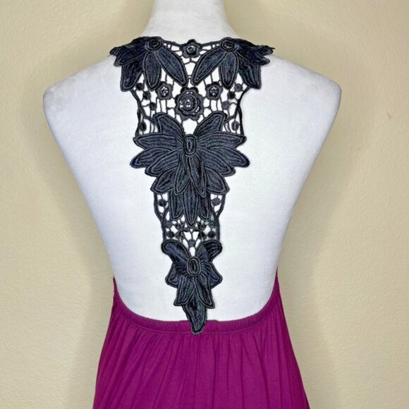 Grace Women's Plum Black Floral Lace Low Cut Maxi Dress Sexy Romantic S/M - Picture 4 of 8